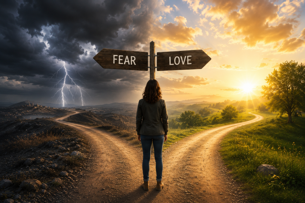 A woman stands at a fork in the road beneath signs reading "Fear" and "Love," with a stormy landscape on one side and a sunlit path on the other, symbolising the choice between fear and love.