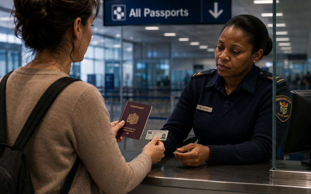 A traveller presents a Dutch passport and a South African identity card to an immigration officer at airport passport control.