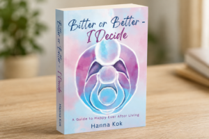 A 3D mock-up of Hanna Kok's book Bitter or Better, I Decide: A Guide to Happy Ever After Living, exploring forgiveness, self-respect, and inner peace.