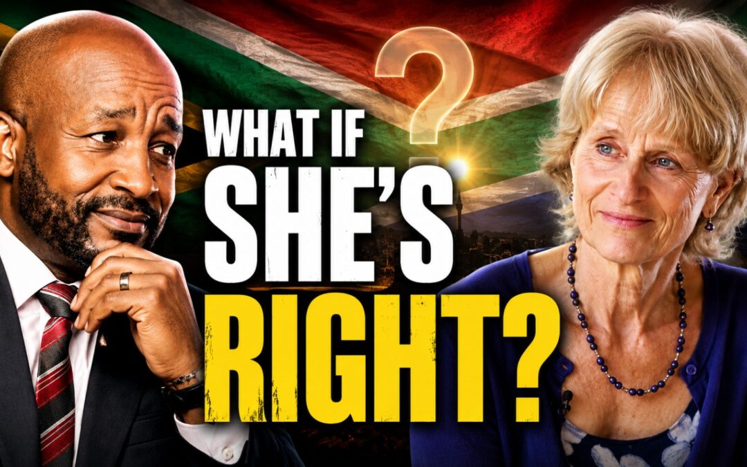 Bonsai Shongwe and Hanna Kok with the South African flag in the background and the words "What If She's Right?"