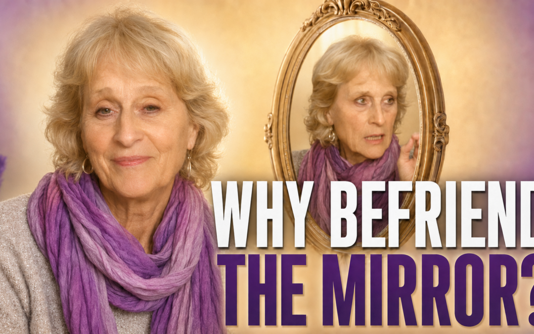 Hanna Kok beside a mirror showing her reflection, with the words “Why Befriend the Mirror?”